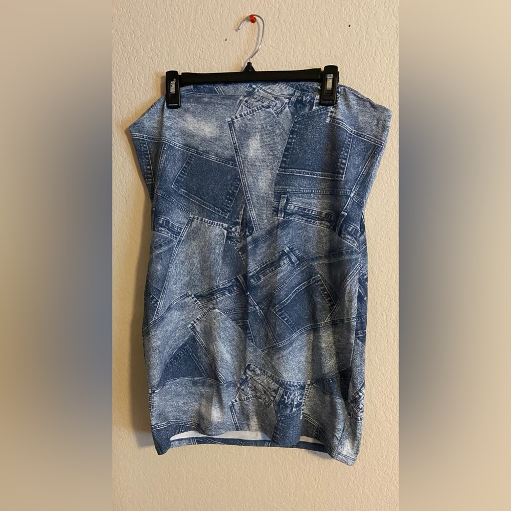 DIVIDED H&M Blue Jean Photo Strapless Dress